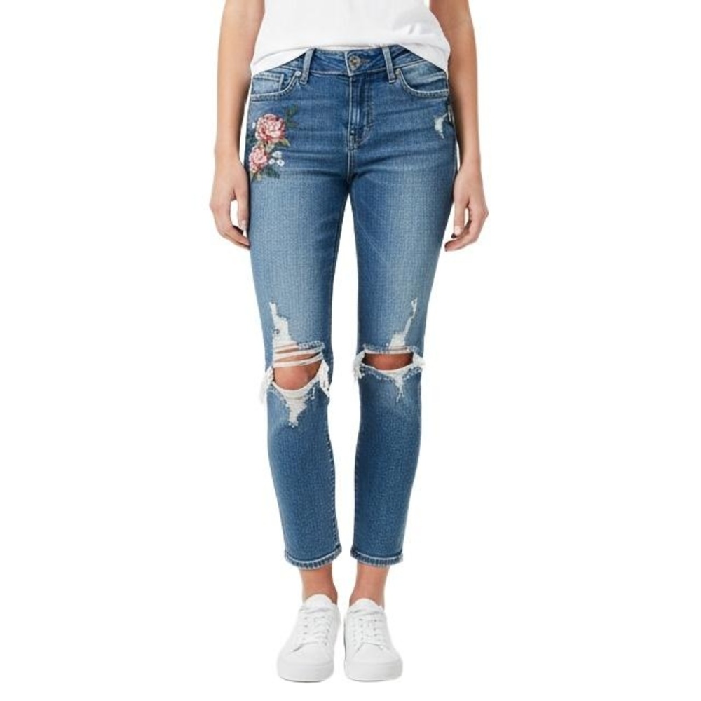 Silver Jeans Co. Mazy Slim Crop W26 L25 Blue‎ Denim Distressed Floral Boho Chic